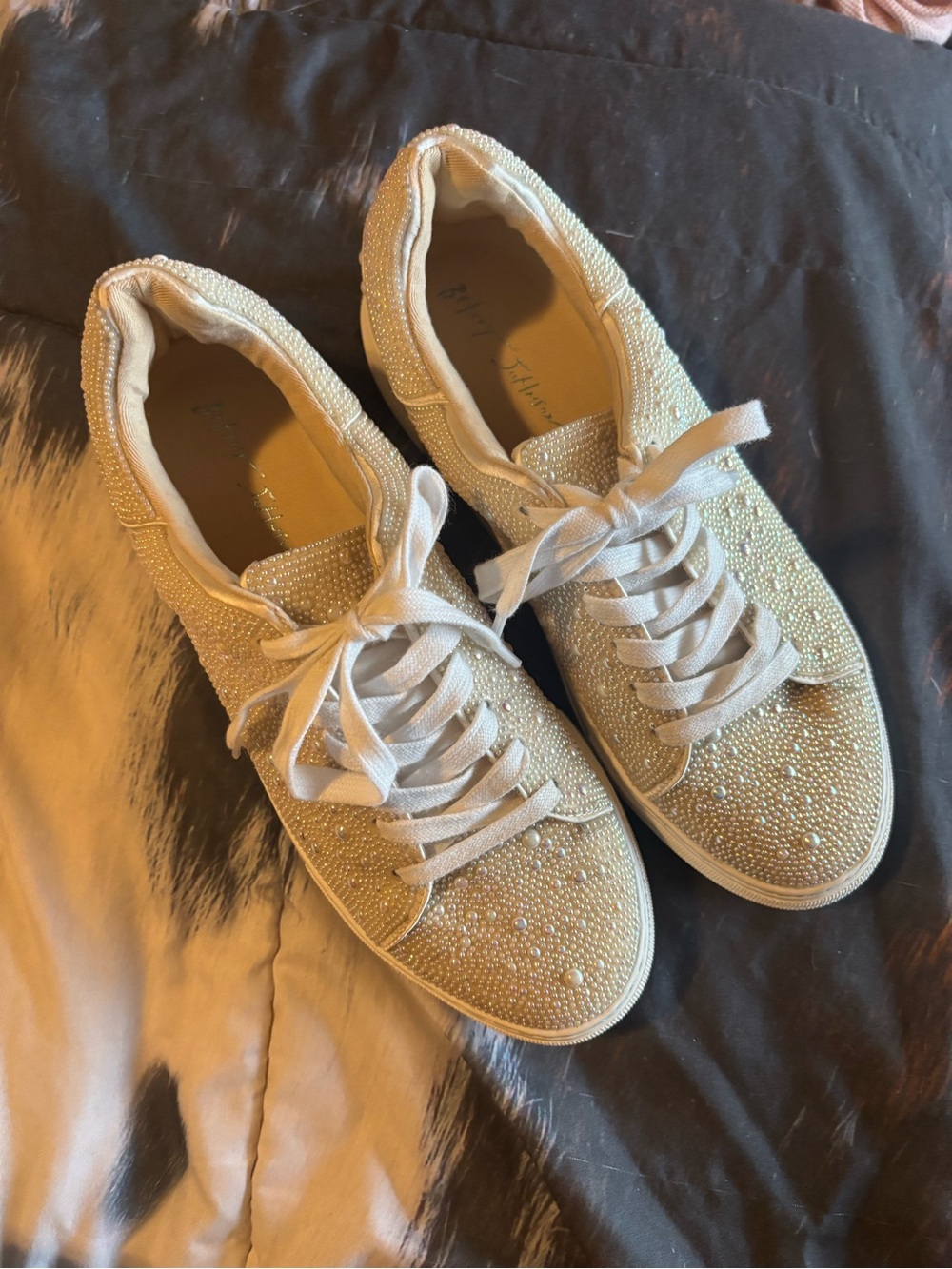 Betsey Johnson Ivory Crystal Embellished Lace-Up Sneakers